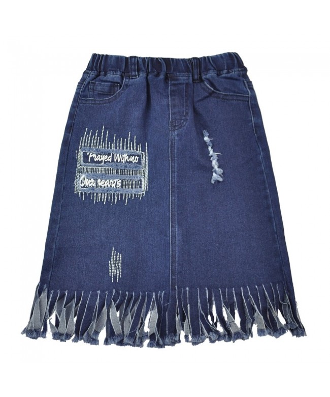 Kids Girls Fashion Elastic Waist Washed Denim Midi Skirt with Tassels ...