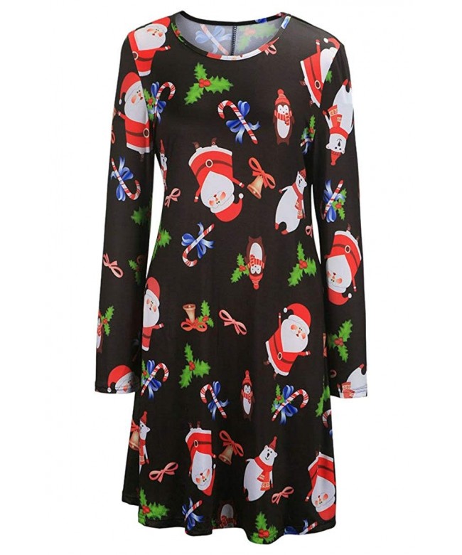Womens Christmas Xmas Print Flared A Line Long Sleeve Pullover Dress ...