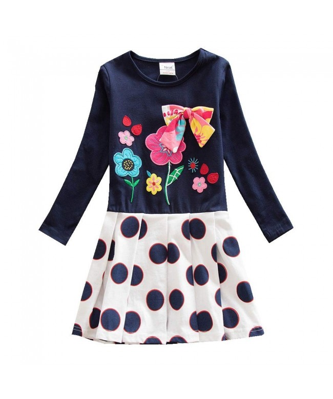 Toddler Girl Cotton Long Sleeve Dress Flower Wave Point Casual Dresses ...