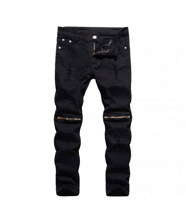 Boy's Slim Fit Skinny Ripped Distressed Zipper Jeans with Holes - Black ...