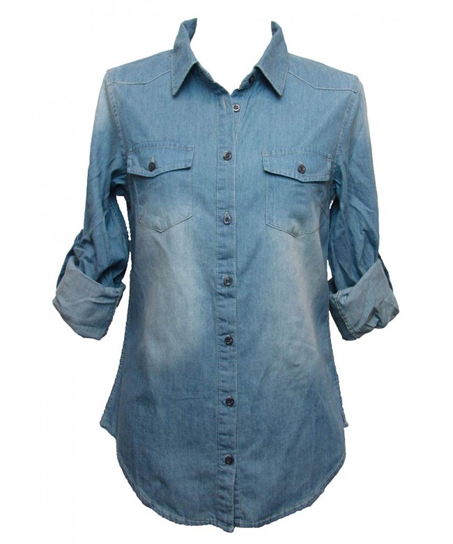 Chambray Button Down Denim Shirt with Roll-up Sleeves - Med Blue Wash ...