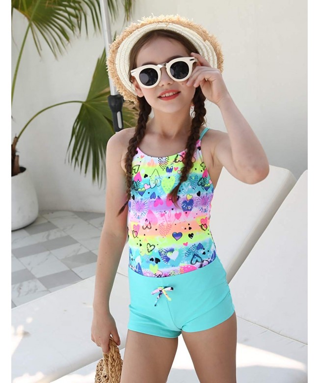 Girls One Piece Swimsuits With Shorts Colorful Heart Pattern Printing Crossback Bathing Suit